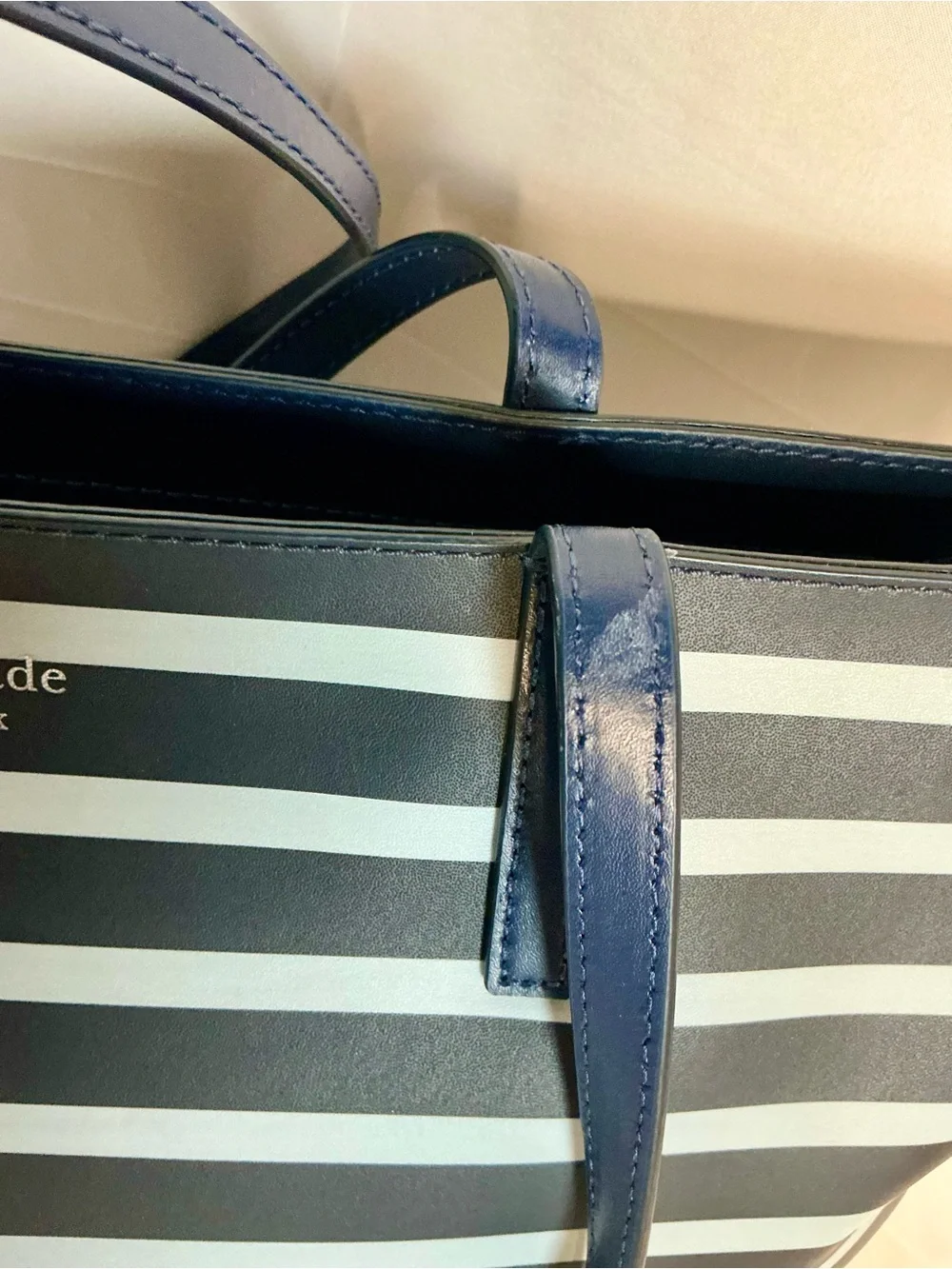 Kate Spade Navy White Stripe Leather Tote Shoulder Bag Large - Picture 7 of 11